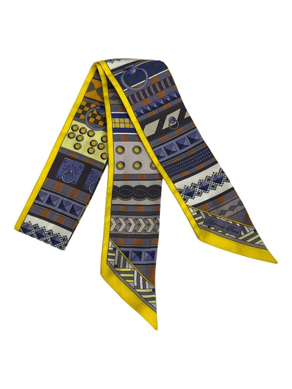 Hermes Scarf Twilly Dark Yellow Light Gray Multi Ribbon
